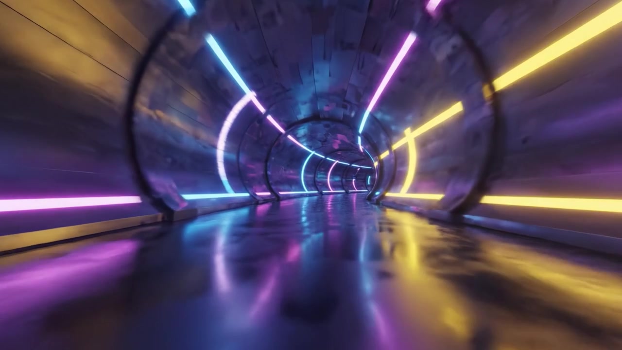 Un Tunnel al Neon Futuristico che Risplende di Luci Vivaci e Superfici Riflettenti, Catturando un Viaggio Ipnotico Attraverso un Passaggio Astratto