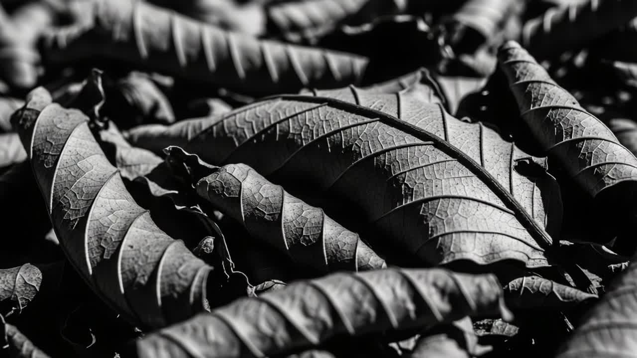 A Close-Up Exploration of Textured Leaves in Monochrome, Capturing the Intricate Patterns and Shadows Created by Nature's Designs