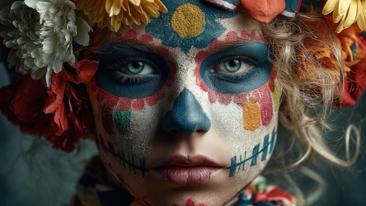 Ritratto accattivante di un volto dipinto con disegni floreali e di teschi colorati, che celebra le tradizioni culturali con espressività vivida e uno stile unico.