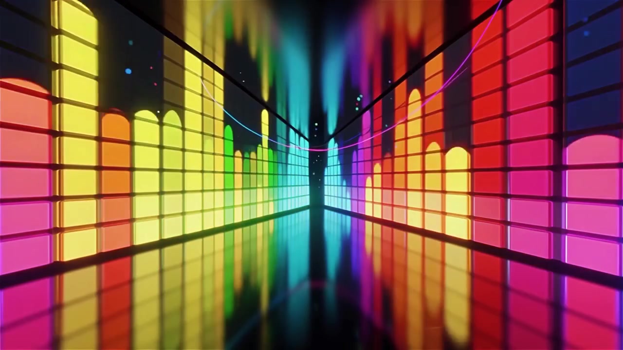 Sfondo visualizzatore equalizzatore musicale neon arcobaleno futuristico.