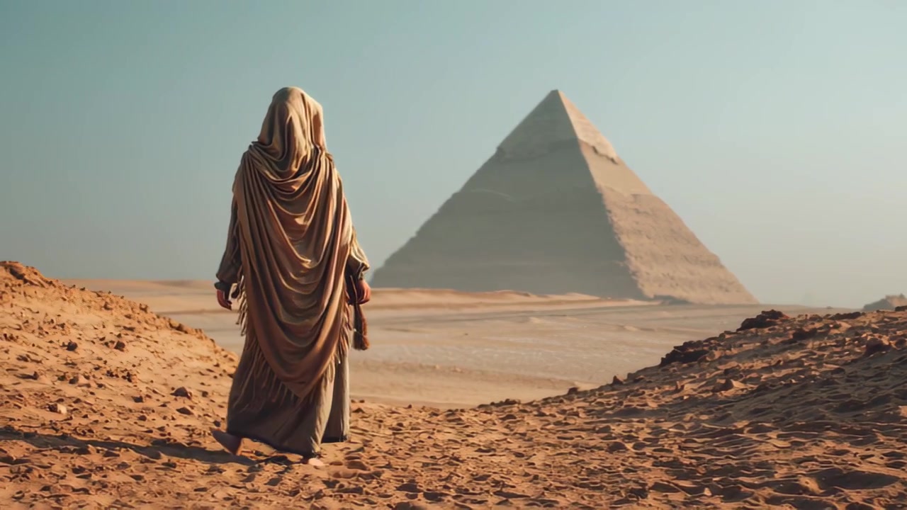 Filmové záběry osamělého cestovatele v rouchu kráčejícího písečnou pouští směrem k velké starověké pyramidě při východu slunce, evokující historii, tajemství a objevování.