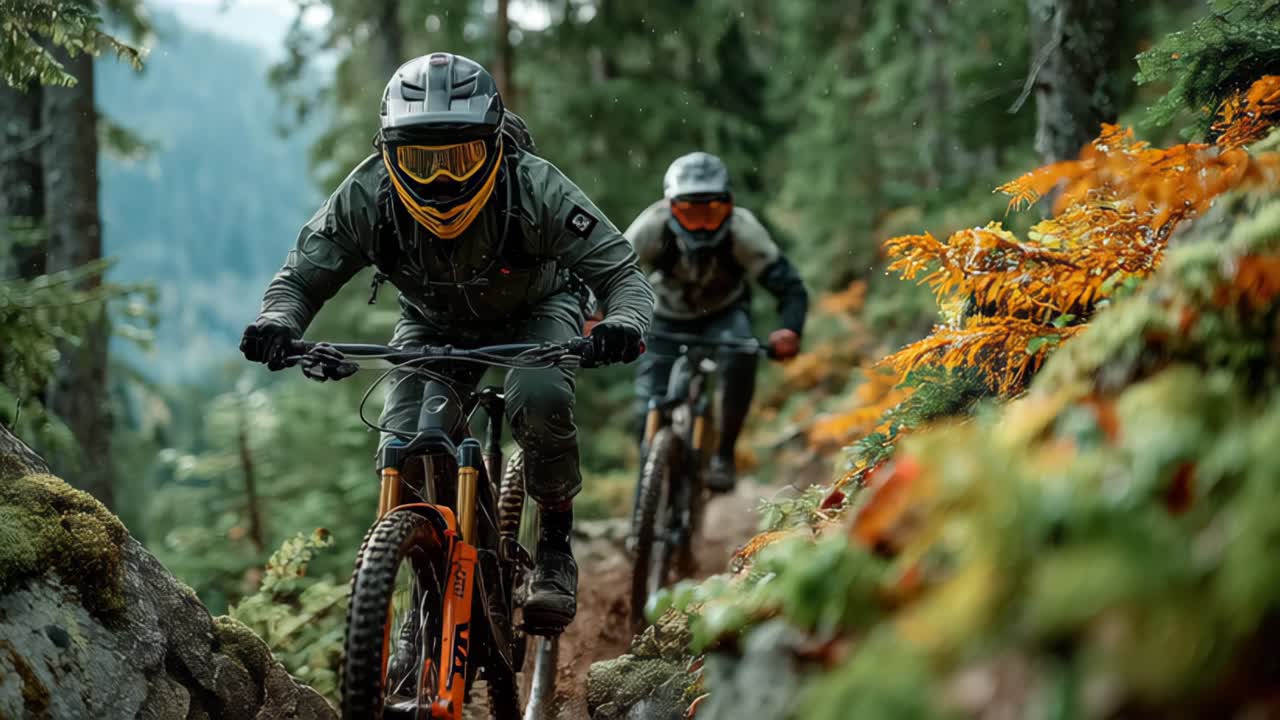 Riders cycling through autumn forest on mountain bikes