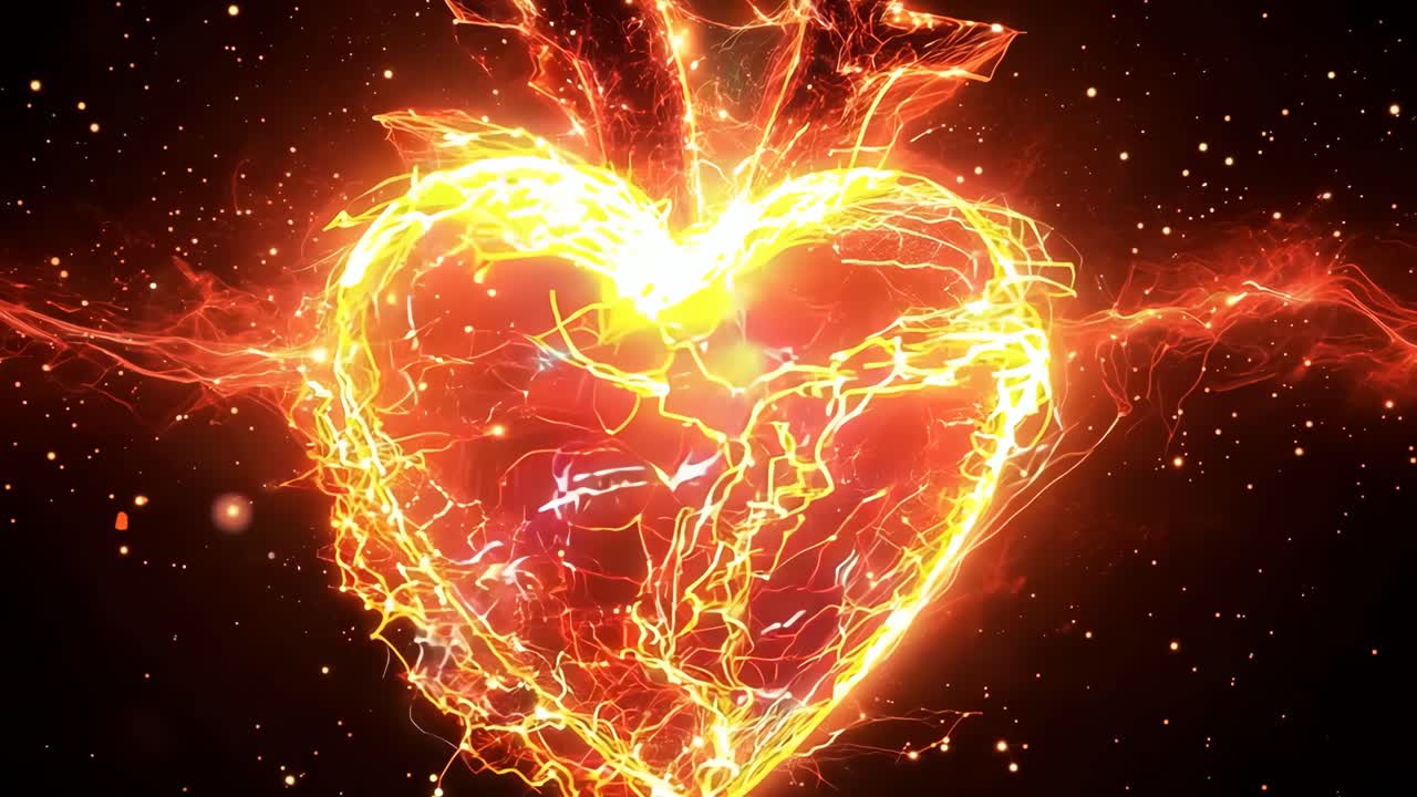 A heart is lit up in a fiery red color. The heart is surrounded by a lot of sparks and fire