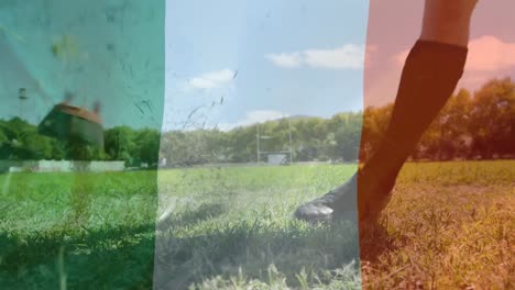 Rugby-player-kicking-the-ball-with-an-Irish-flag-on-the-foreground