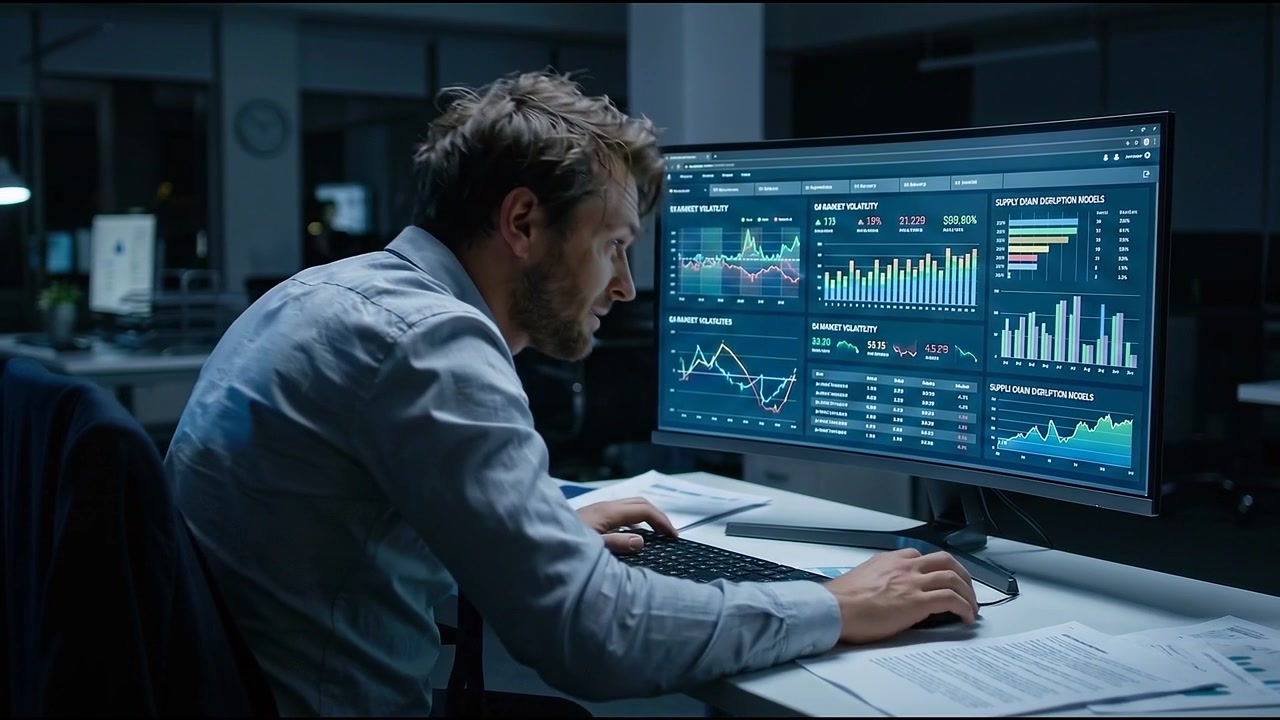 Stressed Financial Analyst Working Late at Night in Office
