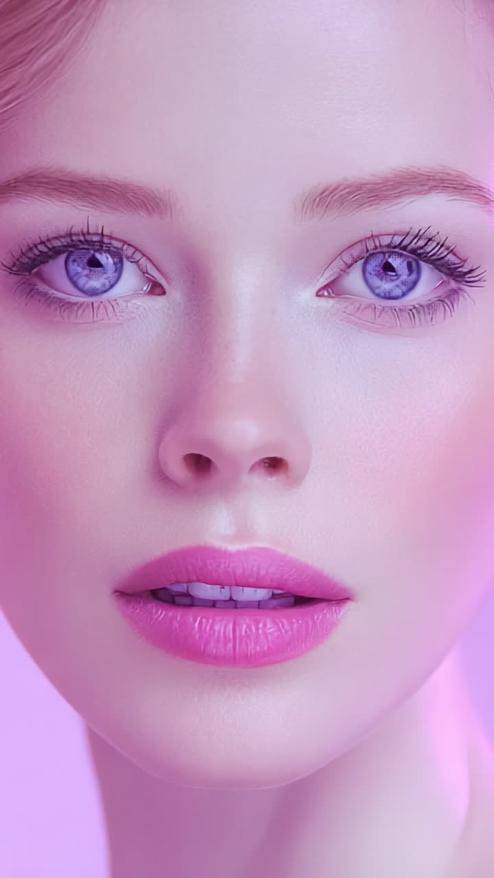 Uno straordinario primo piano di una bellezza giovanile con pelle radiosa, affascinanti occhi azzurri e labbra rosa tenue, catturato in un'illuminazione eterea e colori da sogno