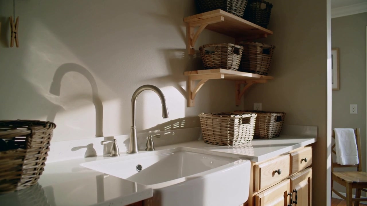 Shifting sunlight casting moving shadows across white apron-front sink at home, with curved faucet