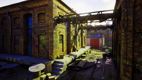 abandoned industrial area with brick buildings and overgrown pathways