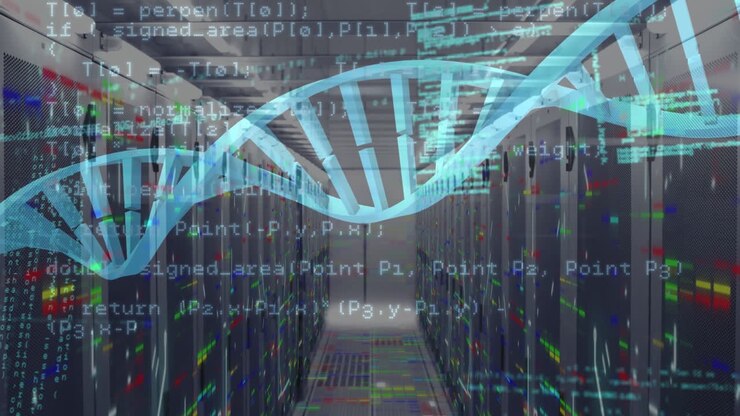 Animation of data processing and dna strand over server room