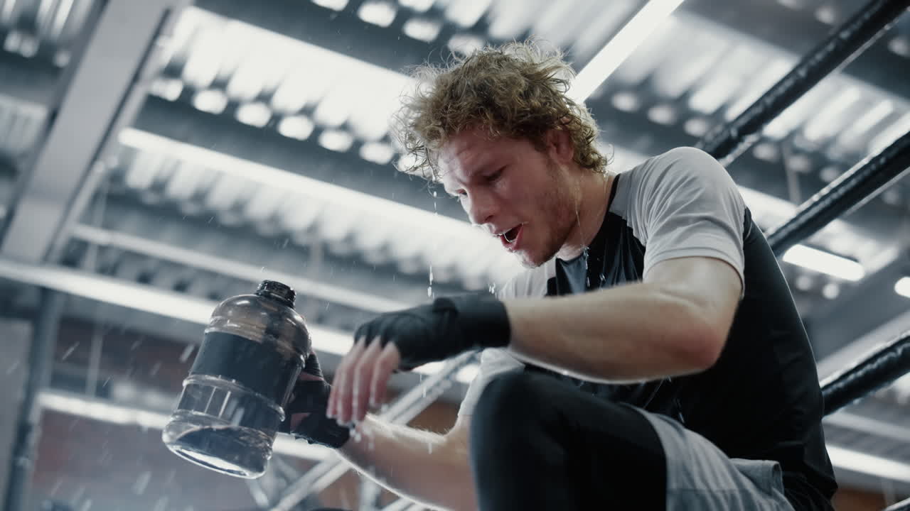 뜨거운 싸움 ⁇ 은 피트니스 센터에서 목마름을 해소합니다. 키크복싱 선수는 체육관에서 상쾌합니다.