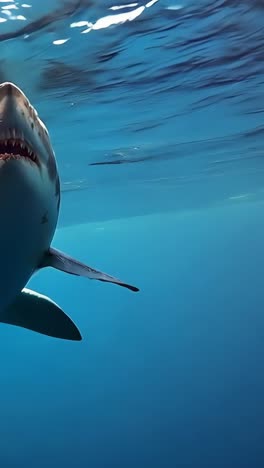 great white shark swimming close in clear ocean waters during daytime