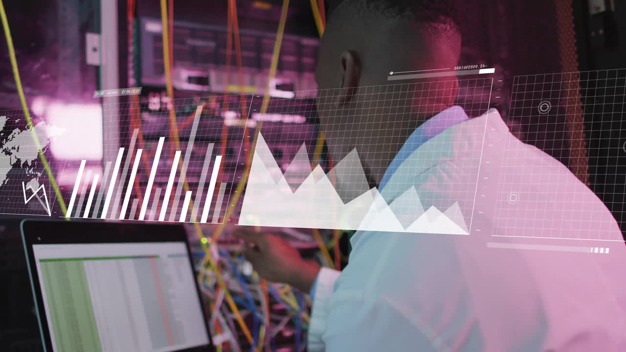 Animation of data processing and diagrams over african american male worker in server room