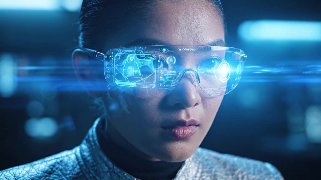Uno scienziato concentrato che analizza display ad alta tecnologia in un laboratorio futuristico con tecnologia di visione avanzata per ricerca e sperimentazione.