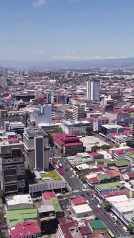 modern and traditional buildings blend together in a vibrant urban scene, with mountains providing a majestic backdrop. aerial, vertical video