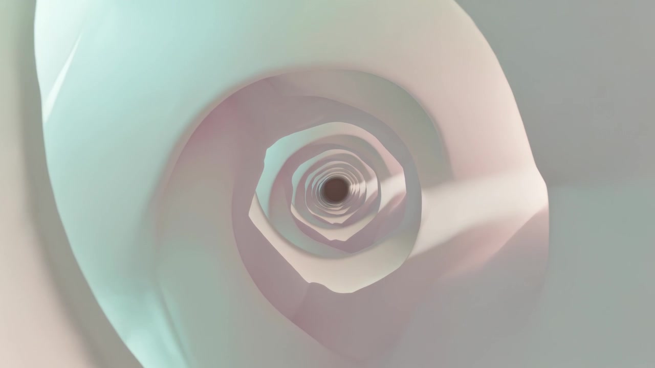 Telecamera in movimento fluido che segue un raggio morbido a destra attraverso una spirale verso un'apertura centrale scura, anelli luminosi.