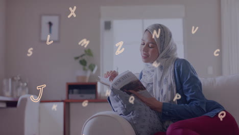 animation of letters over biracial woman in hijab reading book and smiling