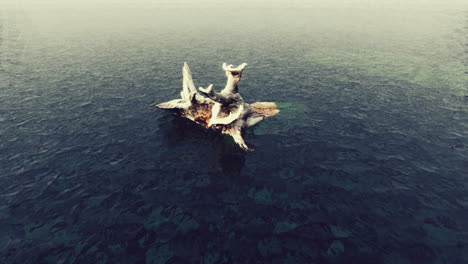 isolated dead tree in the water on the beach in black and white, loneliness.