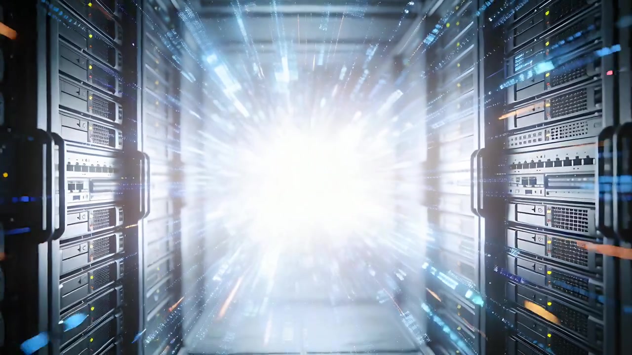 Emitting luminous white core surging down server room aisle, activating data flow with rack LEDs