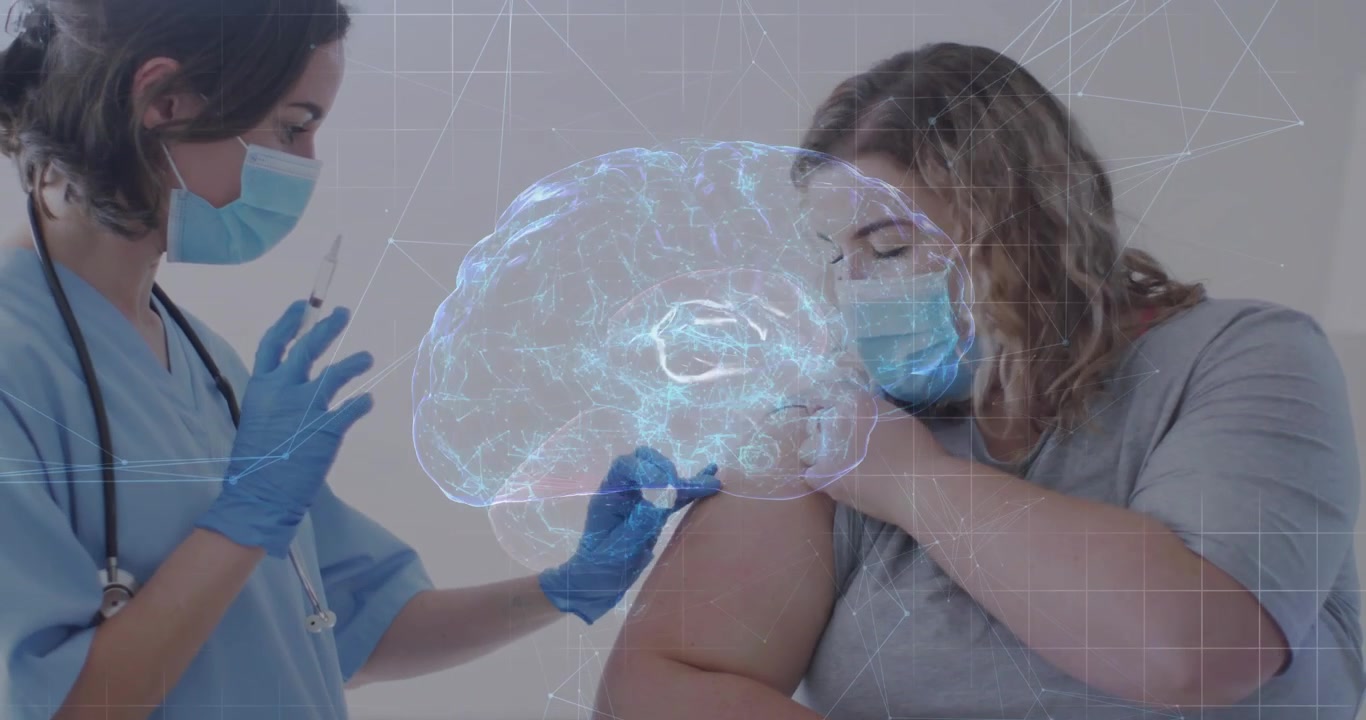 Infermiera registrata che si prepara, somministrando un'iniezione mentre il paziente tira su la manica, con overlay cerebrale sulla clinica che mostra la salute del cervello