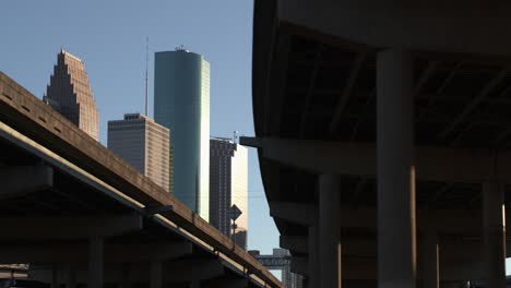 low angle aerial view of downtown houston