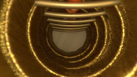 starting inside a series of threaded golden rings, pushing slowly inside all the way to the end of the tunnel of rings