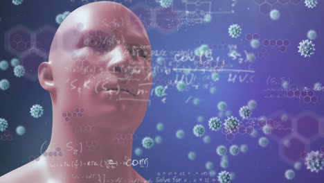 animation of a digital human head with giant virus models floating on a blue background