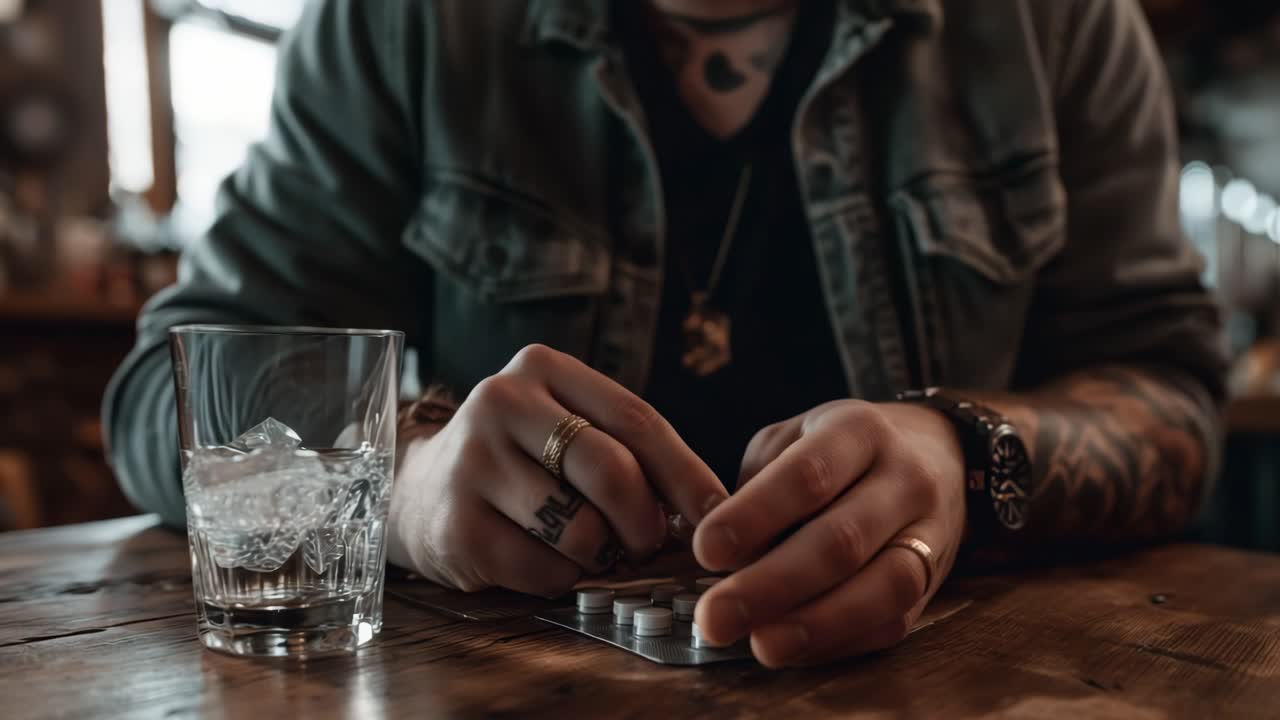 Tattooed individual engages in a meticulous preparation process on a rustic wooden table, with a glass of ice water nearby, highlighting concentration and craftsmanship