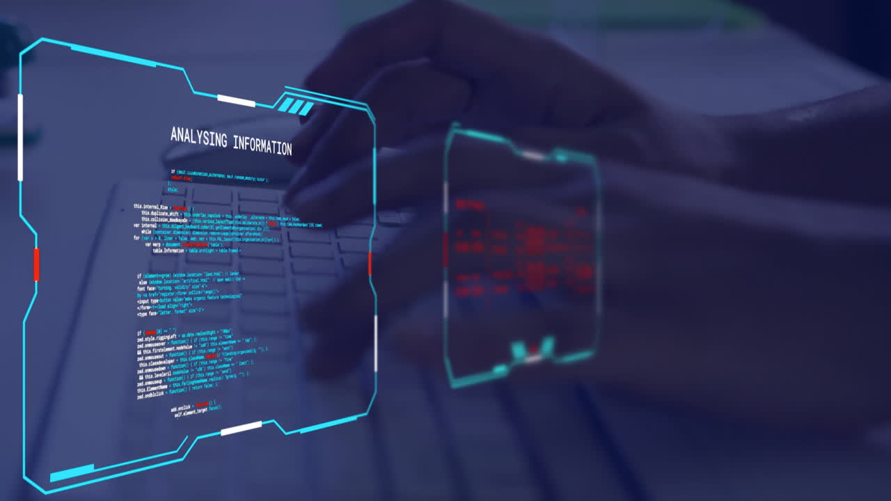 Animation of digital data processing on screens over biracial woman using laptop