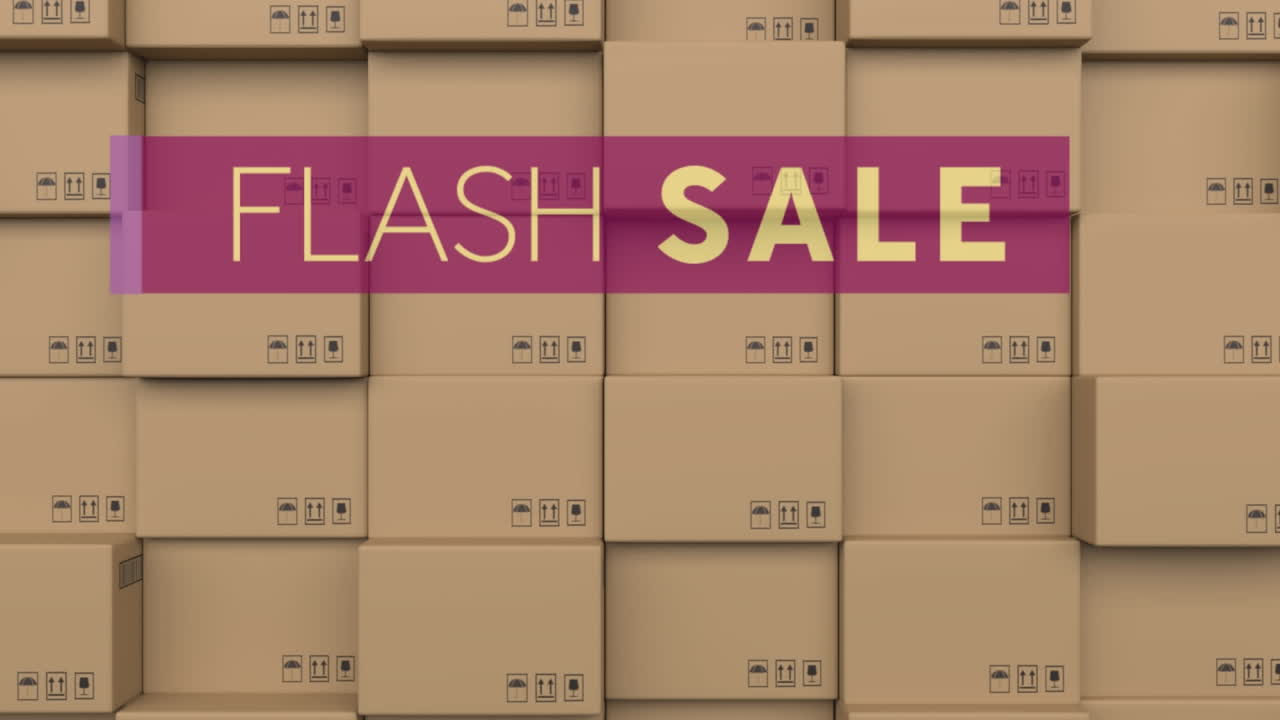 Flash sale text banner against stack of delivery boxes in background
