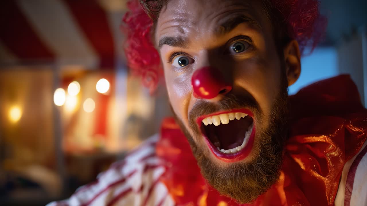Un clown vivace che esprime risate e gioia in un contesto circense, catturando l'essenza dell'allegria e dell'intrattenimento con colori vivaci ed espressioni coinvolgenti