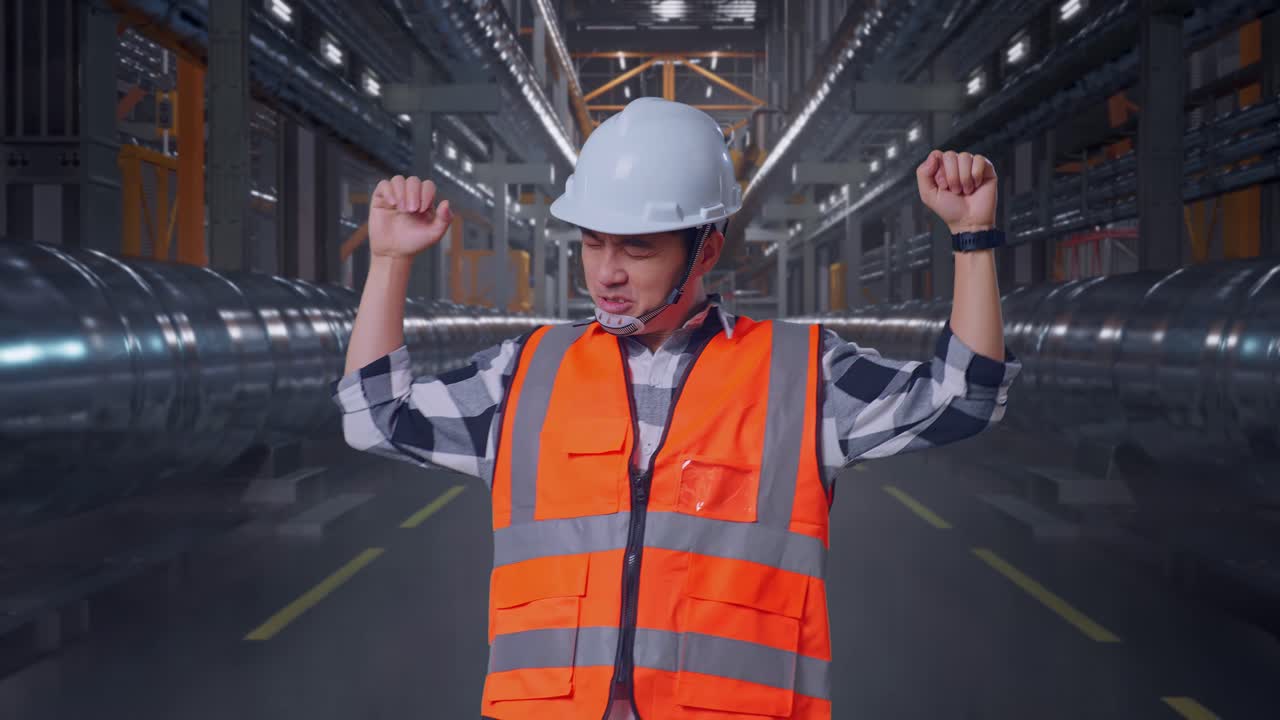 Happy Industrial Worker Dancing in a Factory