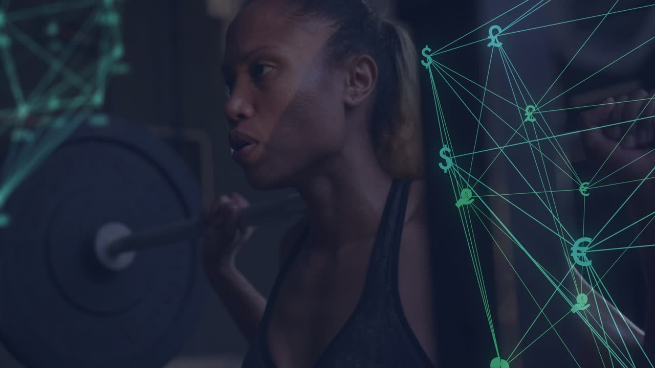 Woman bracing, lowering into barbell squat for fitness, teal network beside her highlighting charts