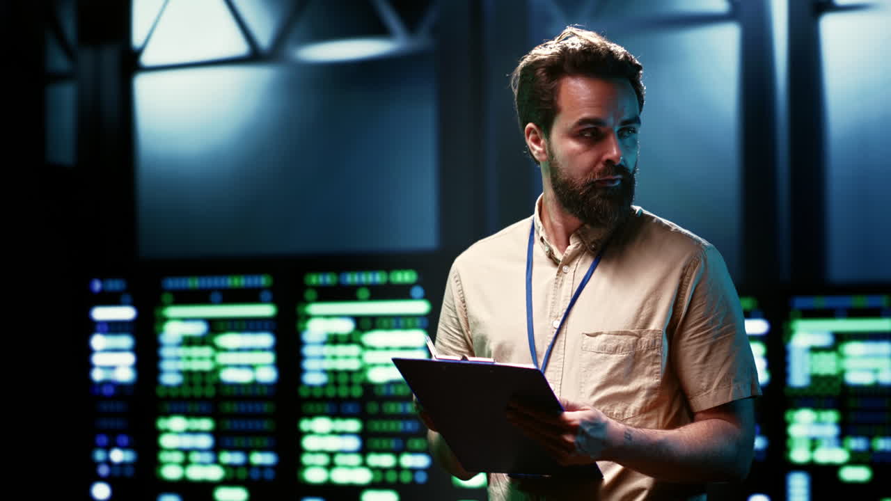 administrador caminando en el centro de datos