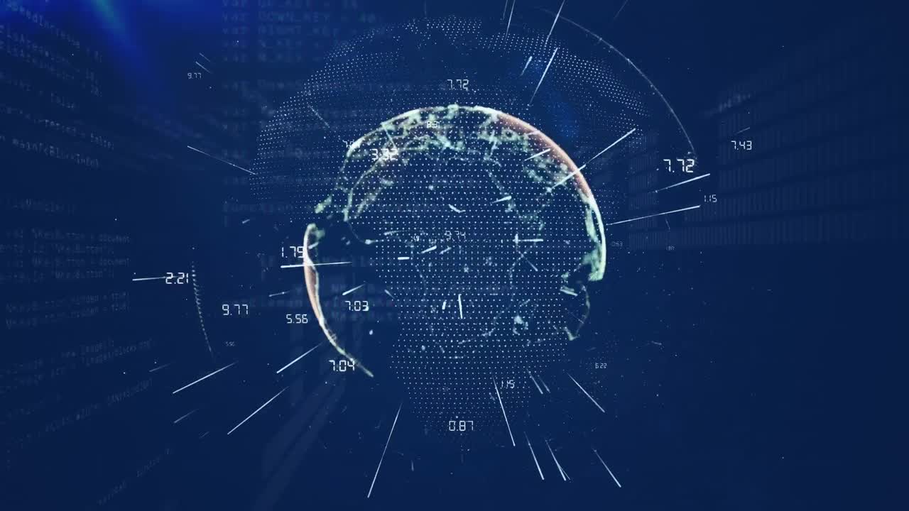 데이터 처리의 애니메이션과 파란색 배경 위의 지구