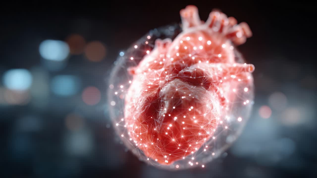 A Stunning 3D Representation of a Heart with Futuristic Energy and Light Effects Captured in Two Frames, Showcasing the Complex Beauty of Human Anatomy