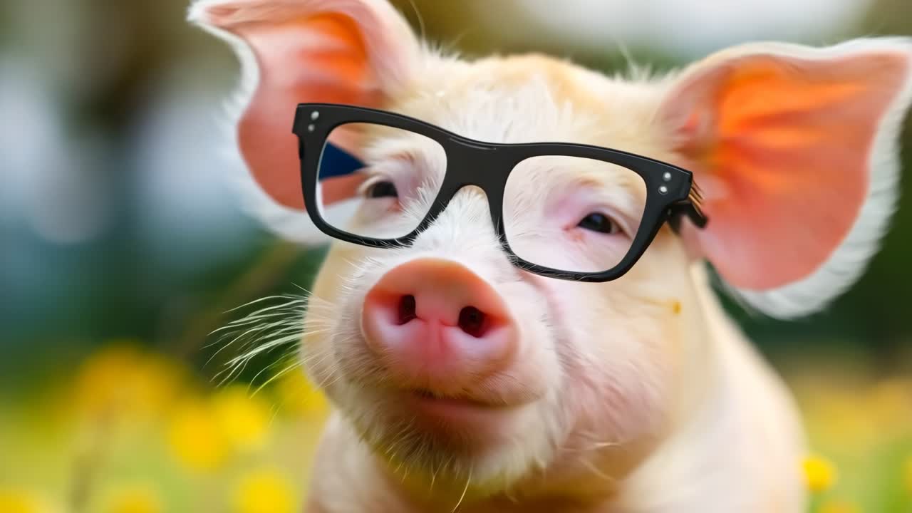 Seekor babi kecil memakai kacamata di ladang bunga kuning