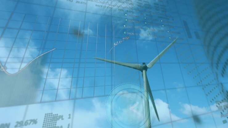 Wind Turbine with Financial Data Overlay and Market Graphs
