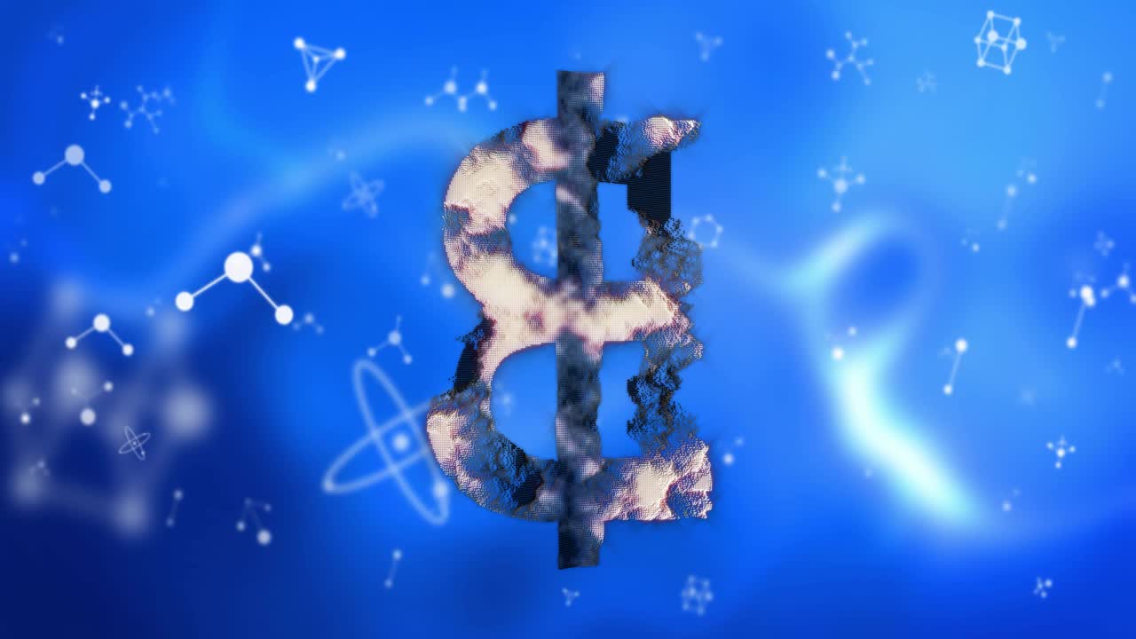 Animazione di un simbolo del dollaro nuvoloso con simboli scientifici su sfondo blu