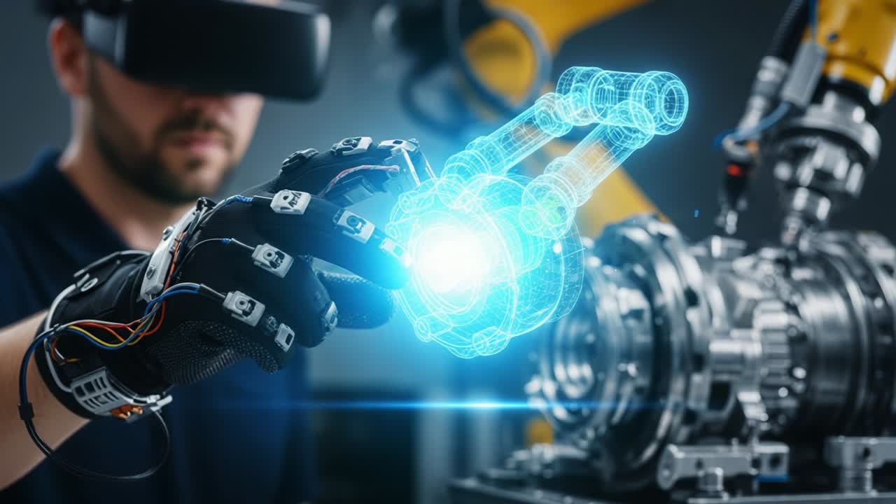 A skilled technician wearing a VR headset interacts with a complex robotic arm through advanced virtual simulations, showcasing the fusion of technology, creativity, and precision in modern automation