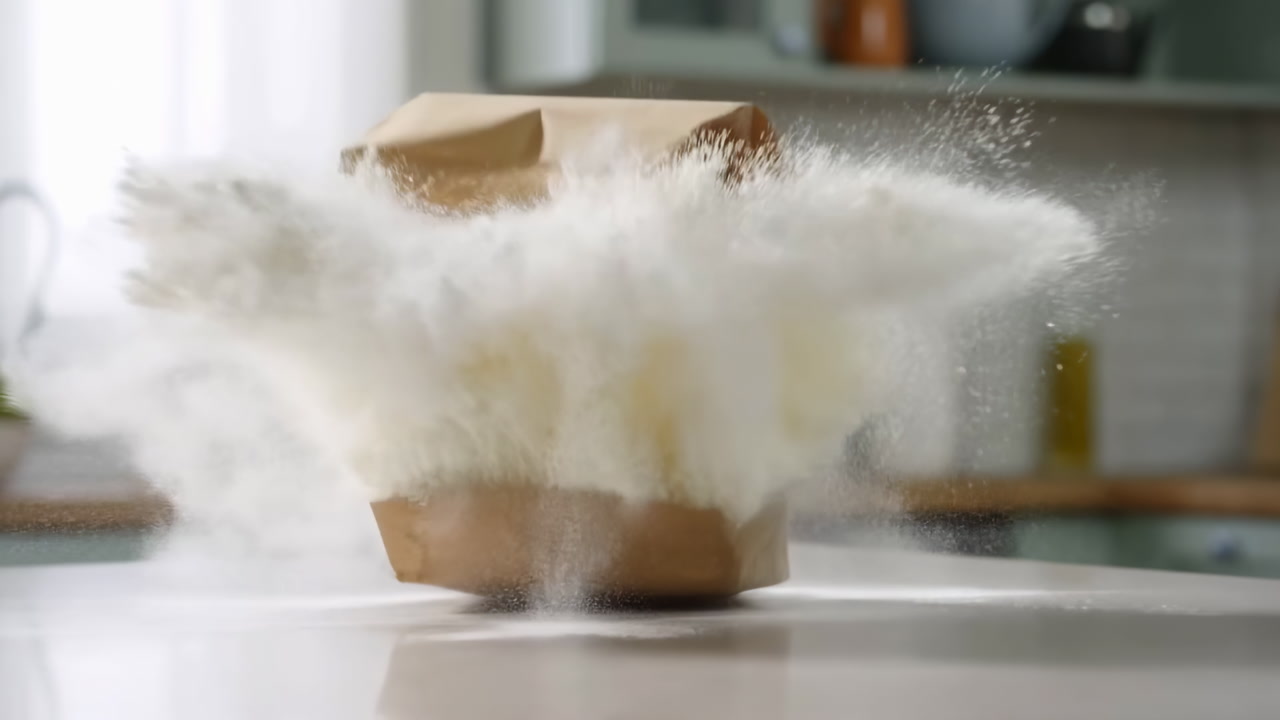 Brown Paper Bag Bursts With Flour, Kitchen Counter Scene In Soft Daylight, Slow Motion Cloud Of Powder Erupts