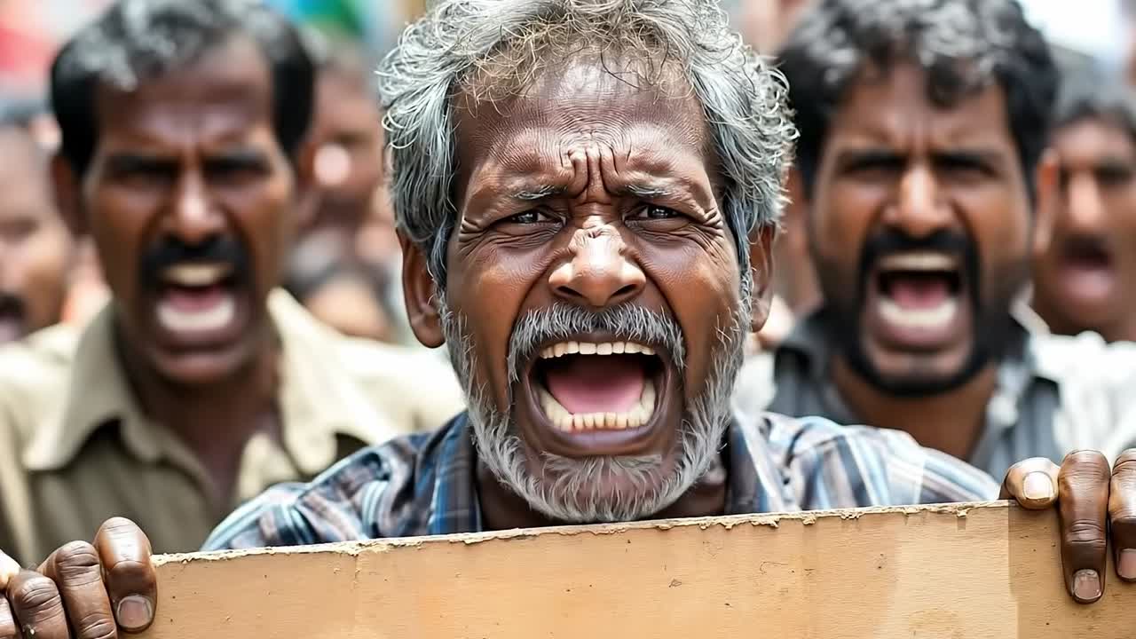A group of men holding a cardboard box in front of a crowd