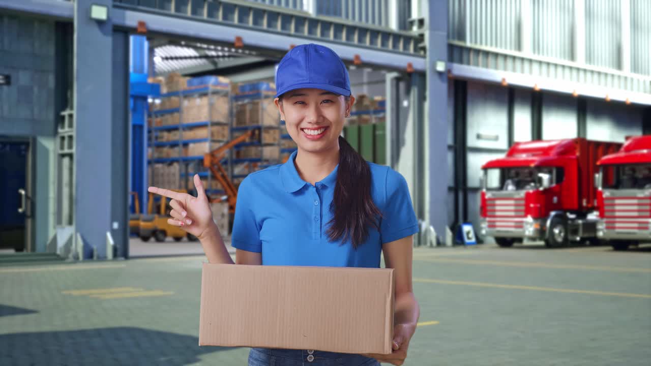 Asian Female Courier In Blue Uniform Smiling And Pointing To The Side While Delivering A Carton, Outside Warehouse