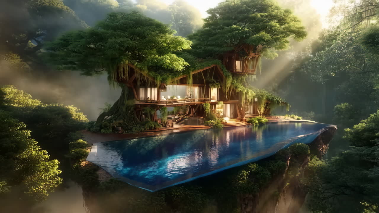 Luxurious Treehouse with Infinity Pool Overlooking a Misty Jungle
