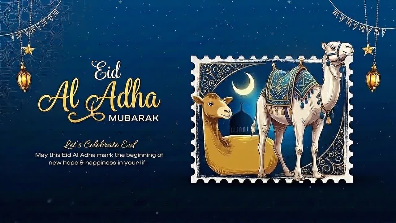 Animazione di banner festivo per Eid al-Adha con cammello decorato, cornice ornata, luna crescente ed elementi di lanterne sospese.