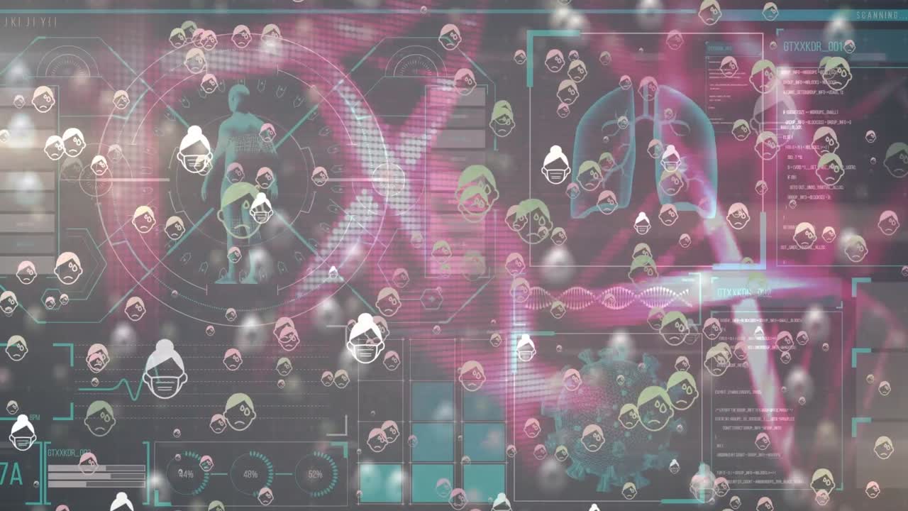 디지털 화면에서 dna와 생물학적 데이터에 대한 얼굴 마스크의 아이콘의 애니메이션