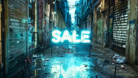 un letrero de neón que dice venta en un callejón con graffiti en las paredes