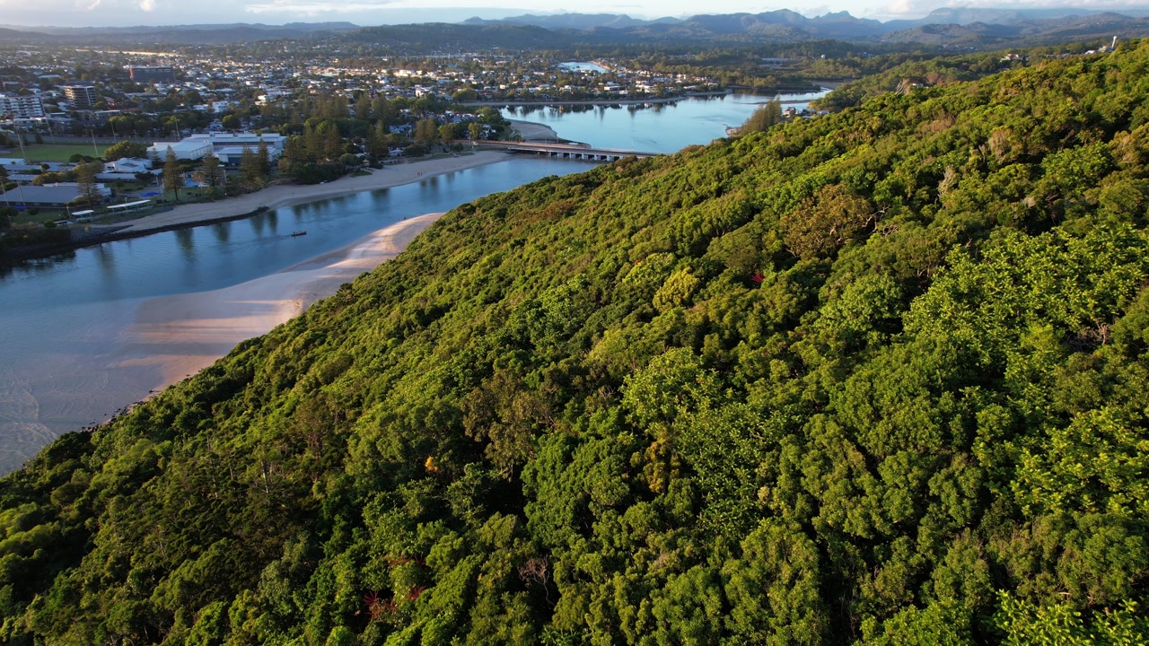 Flying Over Dense Rainforest At Burleigh Heads National Park Towards Tallebudgera Creek In Gold Coast, QLD, Australia. - aerial shot