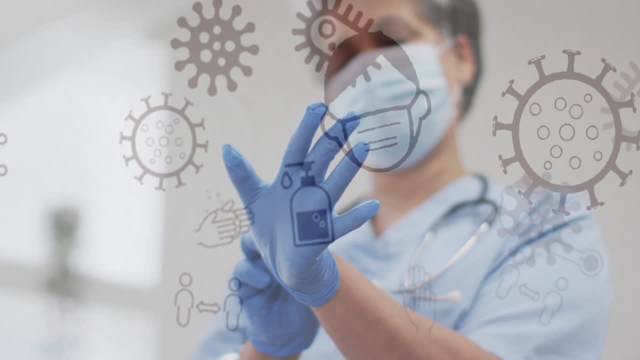 animación de iconos de covid 19 sobre una doctora que se pone guantes y usa una máscara facial