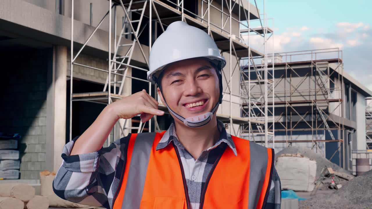 Close Up Of Asian Male Engineer With Safety Helmet Smiling To Camera And Making Call Me Gesture While Standing At Building & Construction Site in Progress to New House