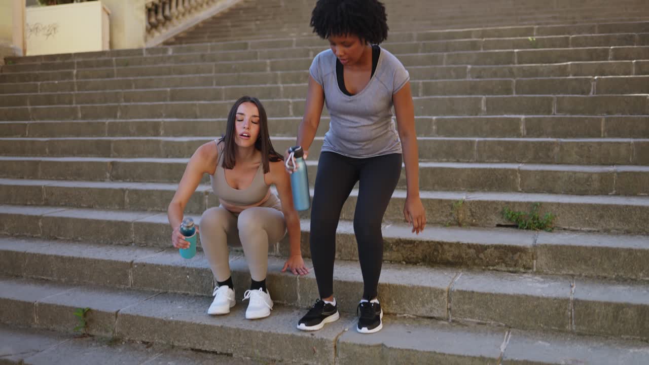 Two Young Women Resting on Stone Stairs After Workout